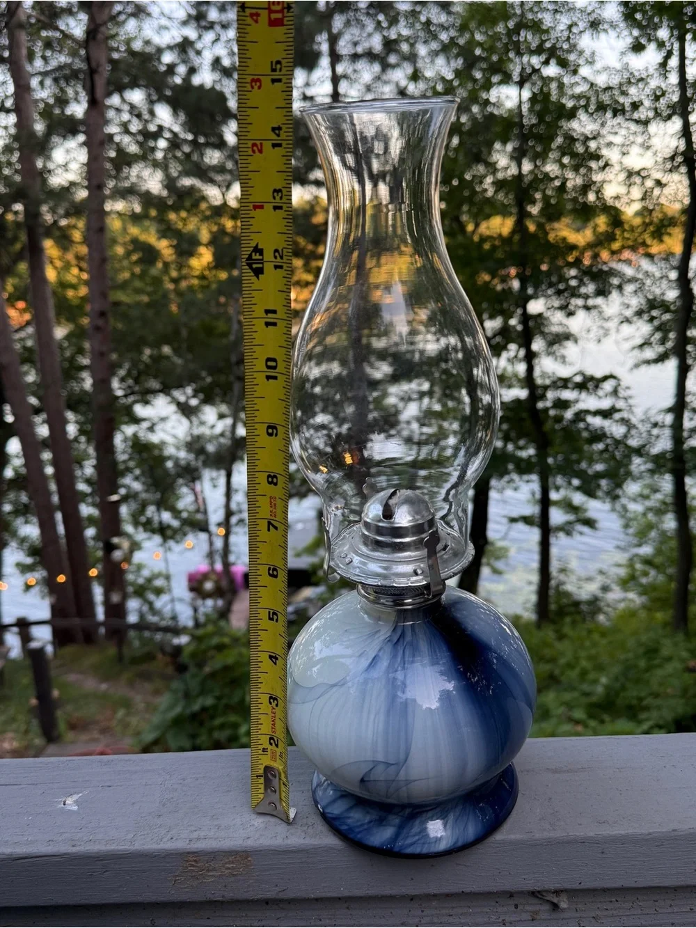 Blue Swirl Hurricane Kerosene Oil Lamp Glass Marbled Prairie CottageCo Homestead